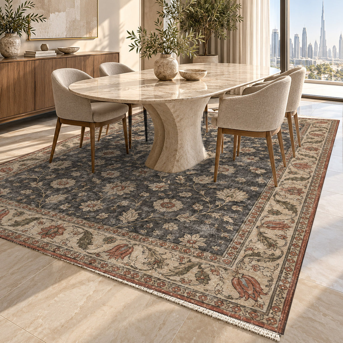 Faded Floral Black Vintage Washable Rug — dubai dining