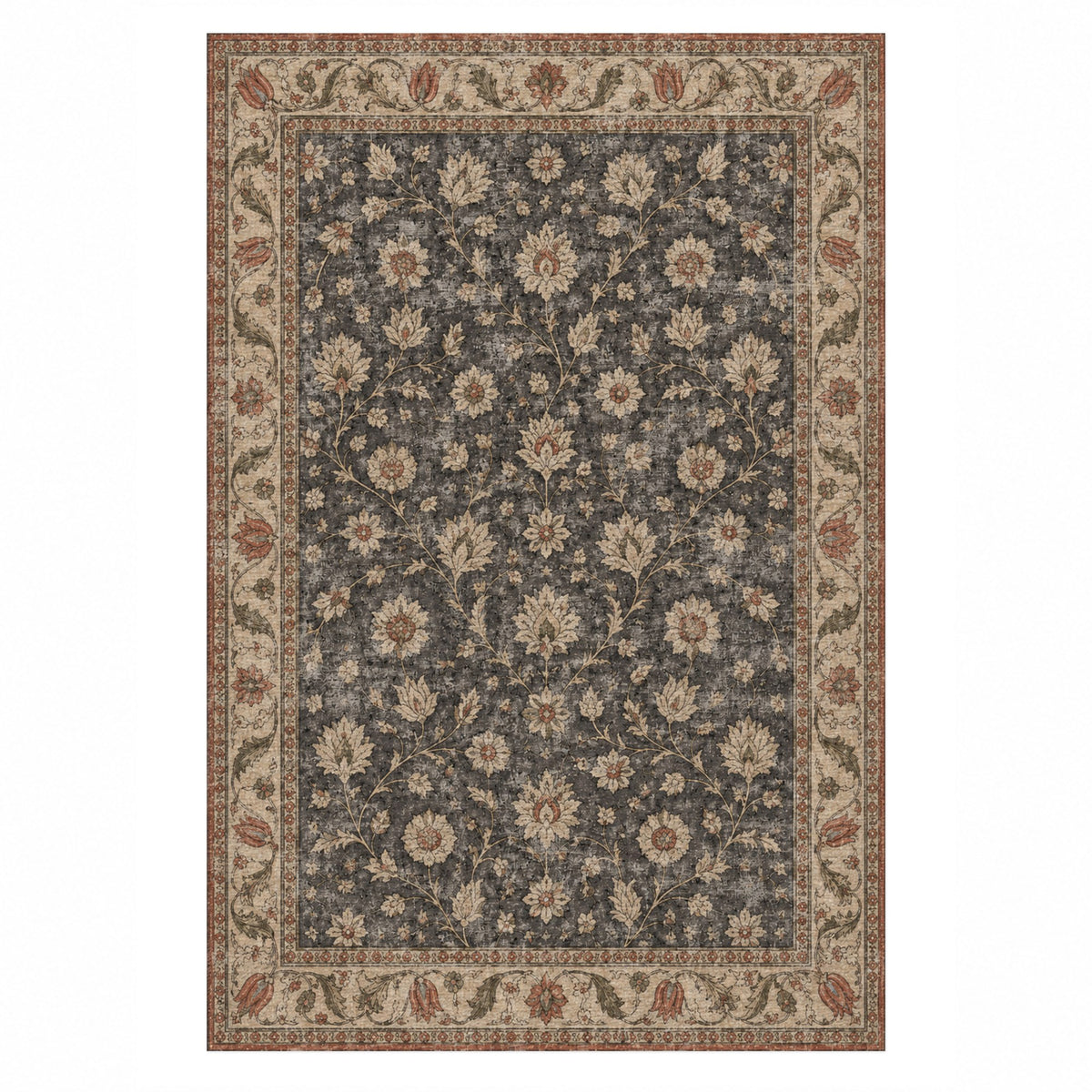 Faded Floral Black Vintage Washable Rug — top view