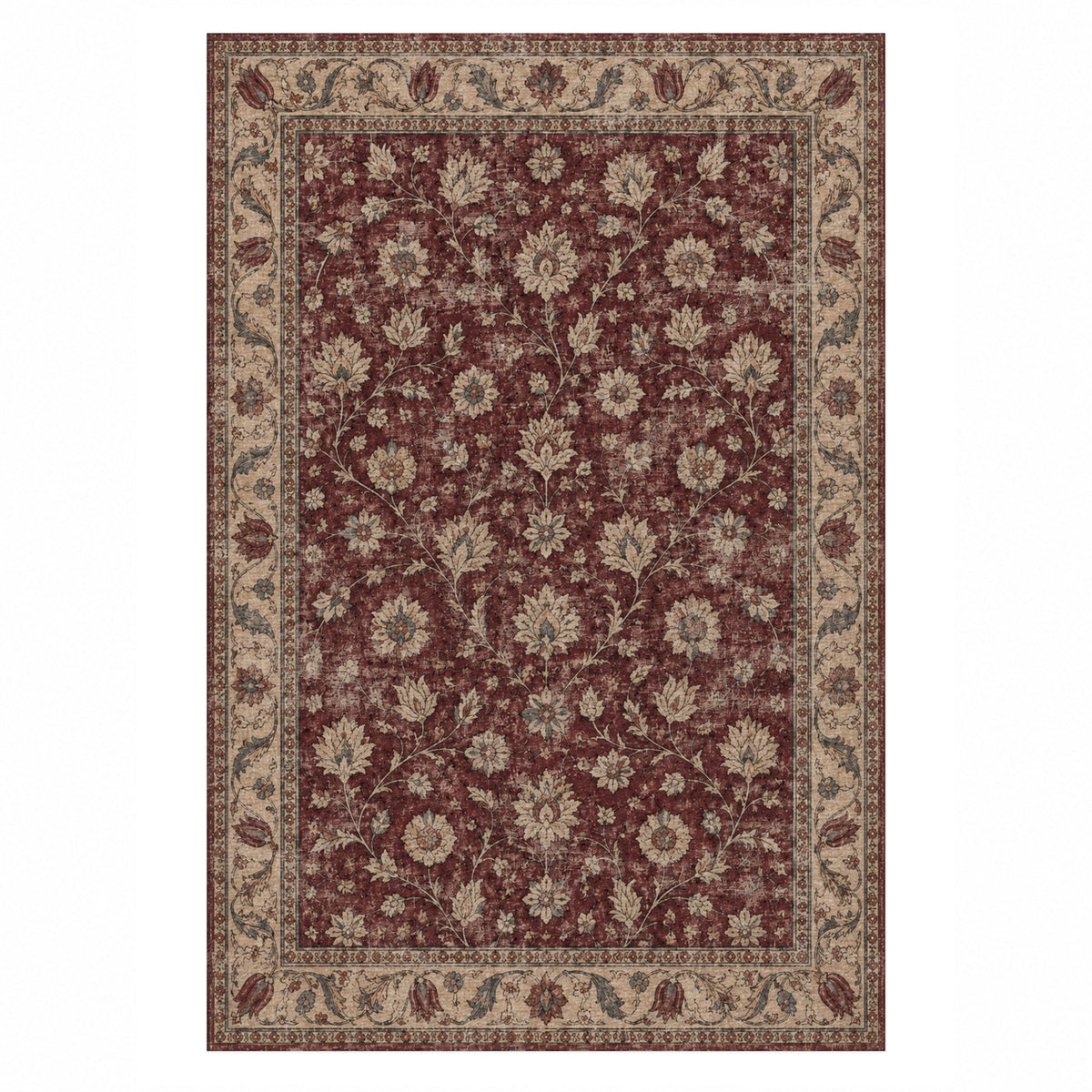 Faded Floral Burgundy Vintage Washable Rug — top view