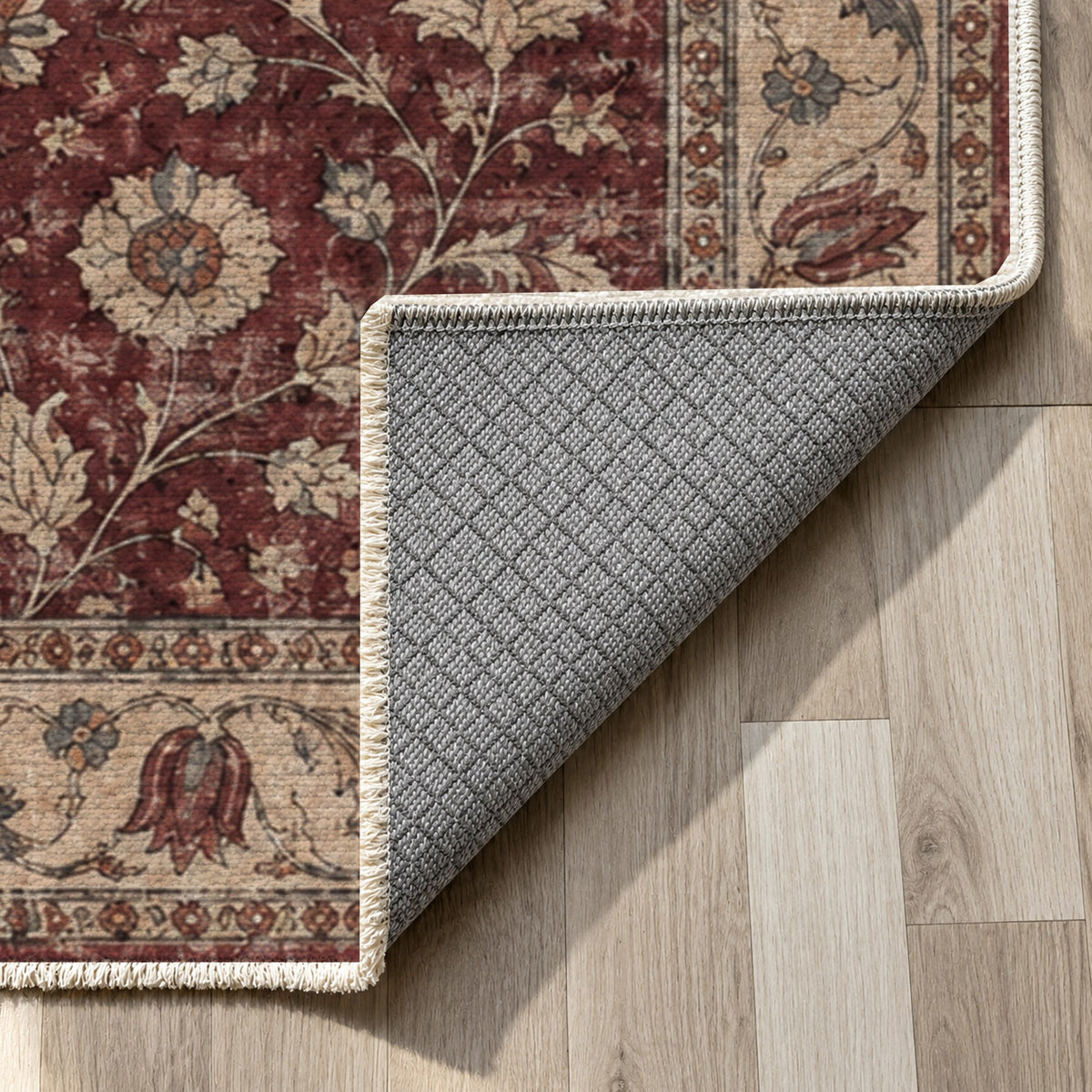 Faded Floral Burgundy Vintage Washable Rug — backing close up