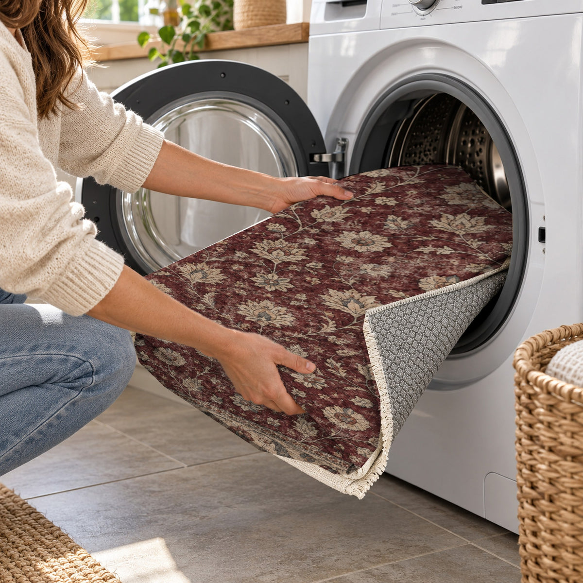 Faded Floral Burgundy Vintage Washable Rug — washing machine