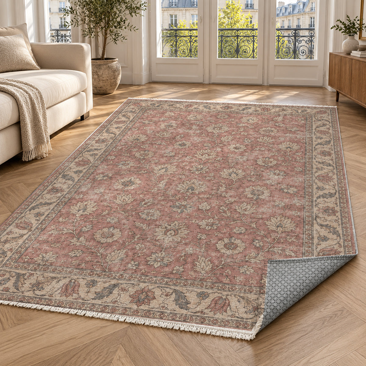 Faded Floral Dusty Rose Vintage Washable Rug — paris living