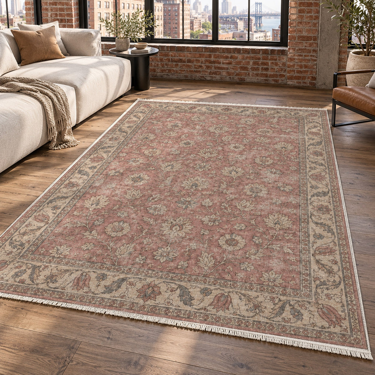 Faded Floral Dusty Rose Vintage Washable Rug — new york living