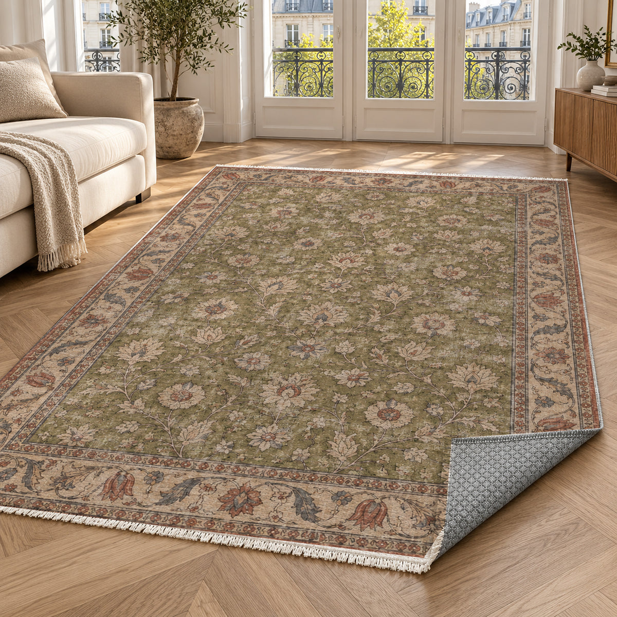 Faded Floral Khaki Green Vintage Washable Rug — paris living