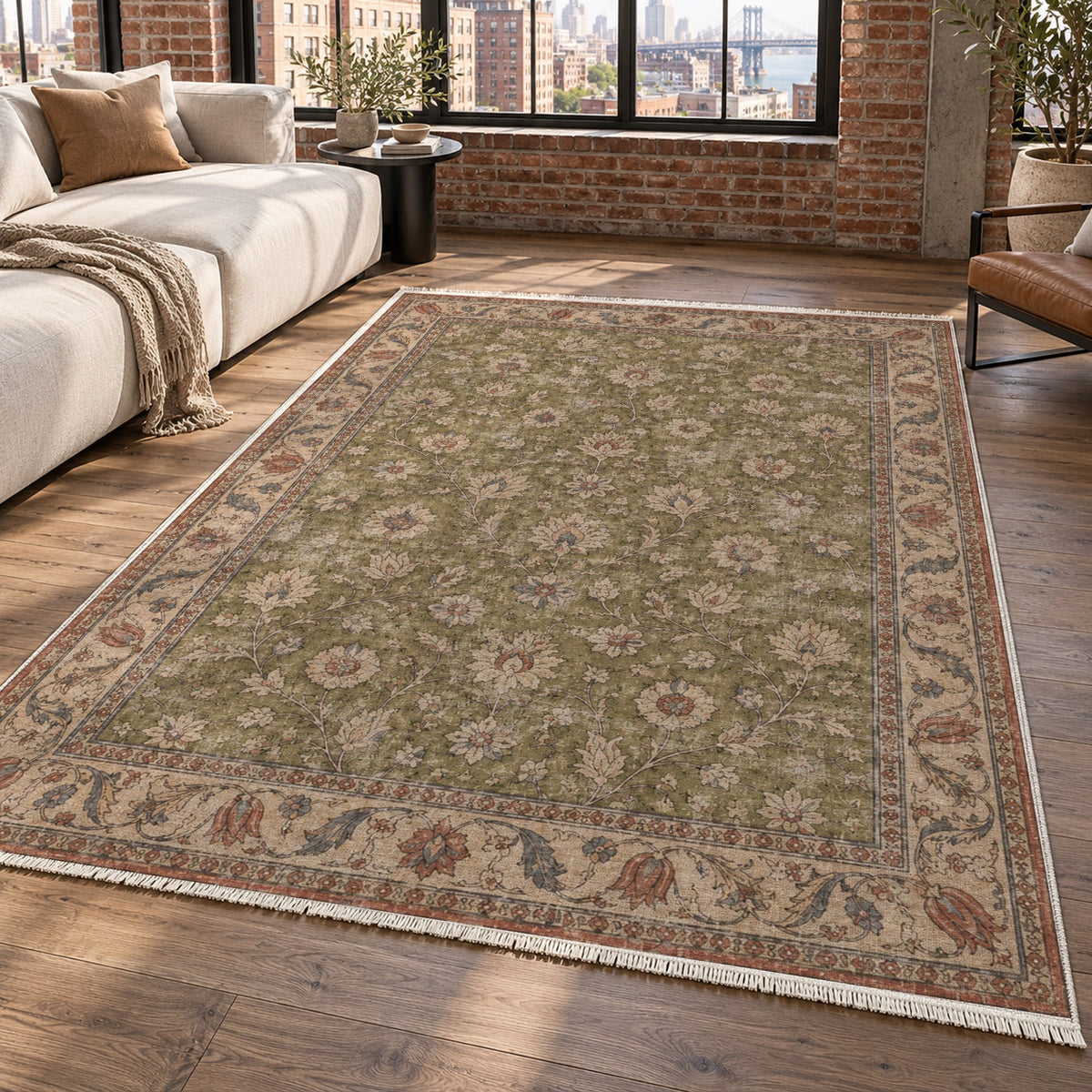 Faded Floral Khaki Green Vintage Washable Rug — new york living
