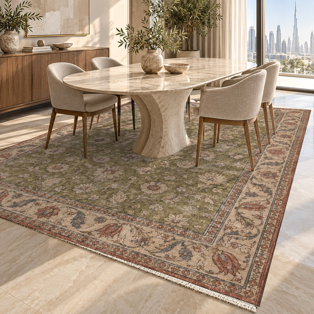 Faded Floral Khaki Green Vintage Washable Rug — dubai dining