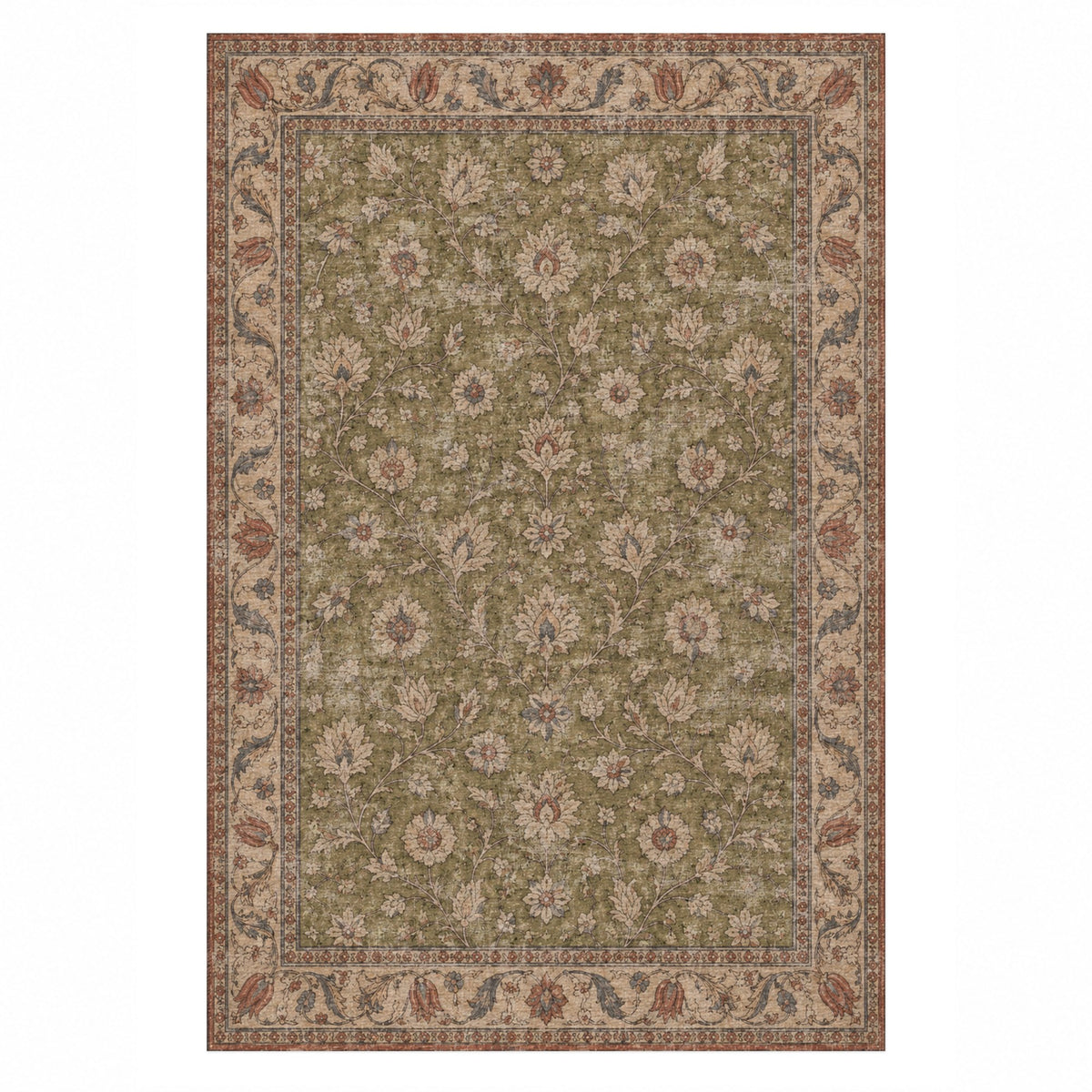 Faded Floral Khaki Green Vintage Washable Rug — top view