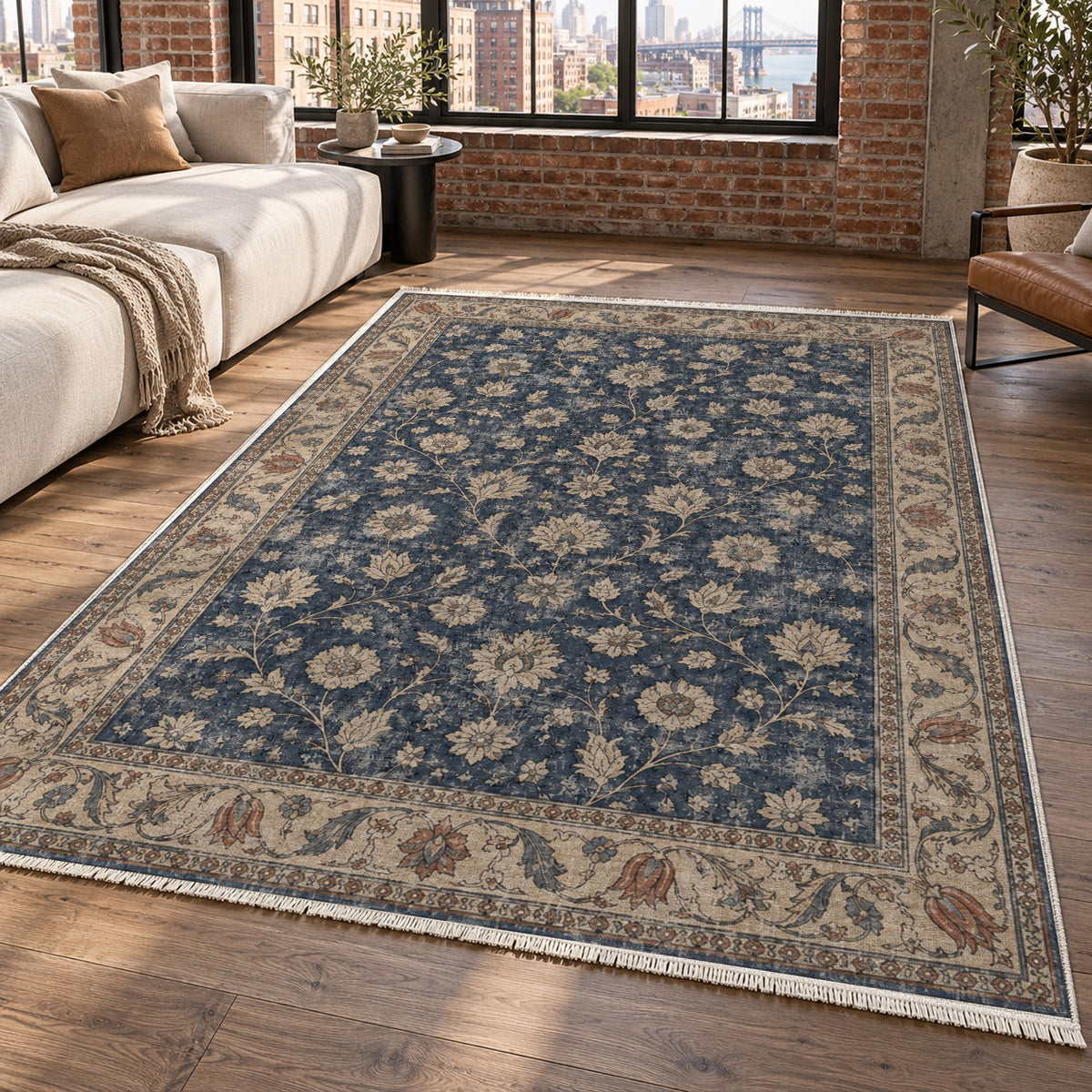 Faded Floral Navy Blue Vintage Washable Rug — new york living