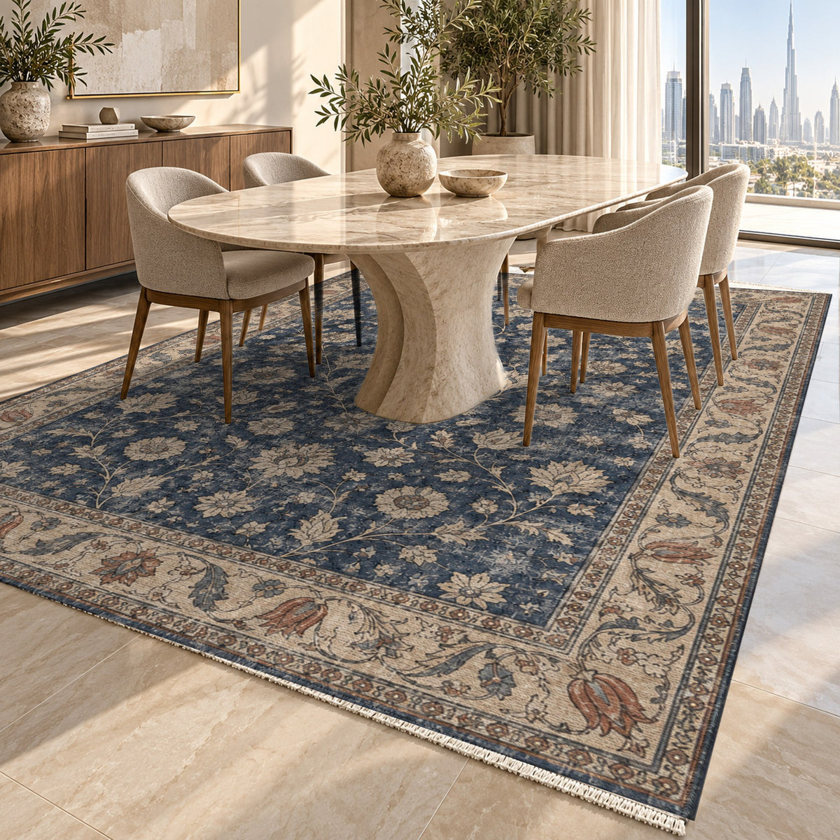 Faded Floral Navy Blue Vintage Washable Rug — dubai dining