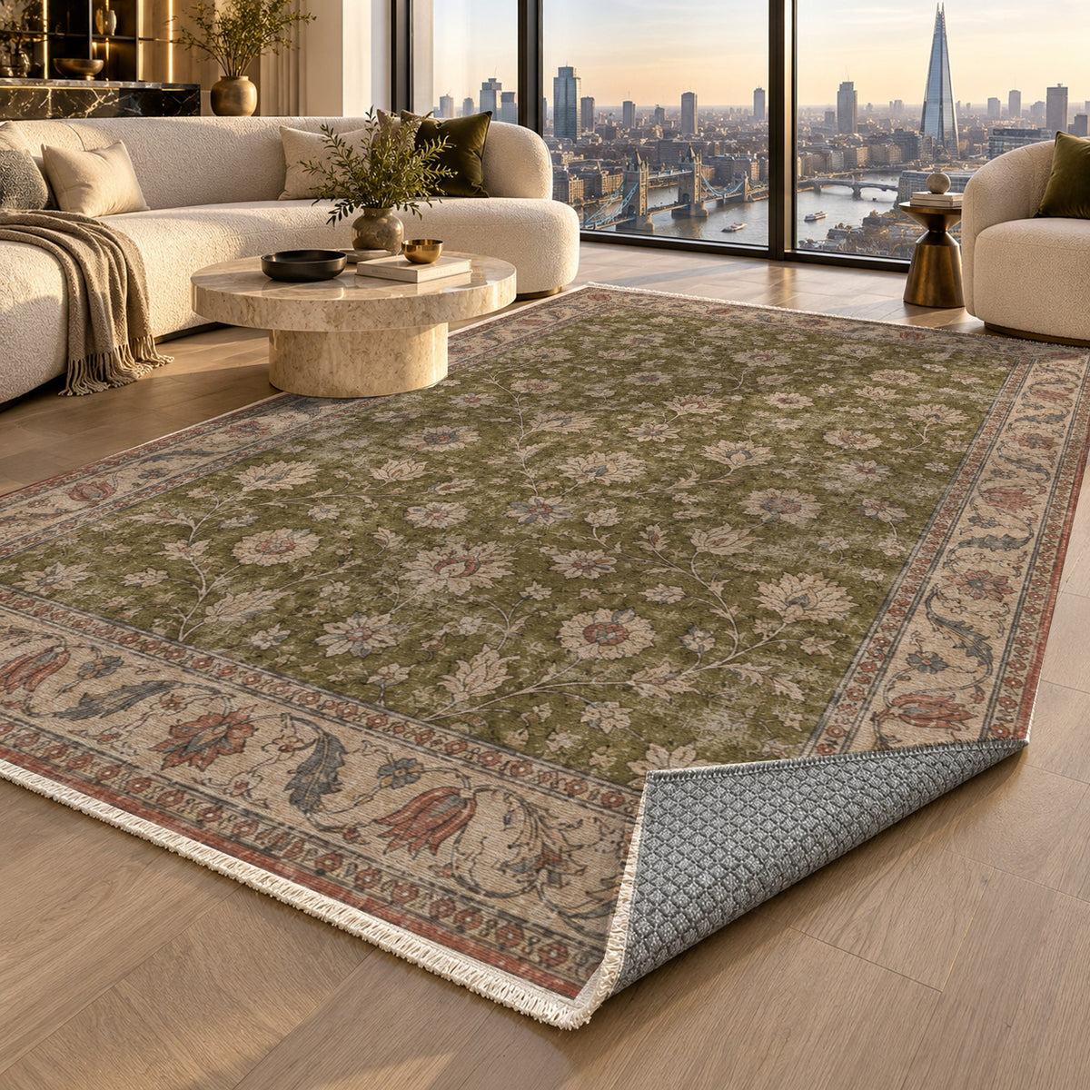 Faded Floral Olive Green Vintage Washable Rug — london luxury living