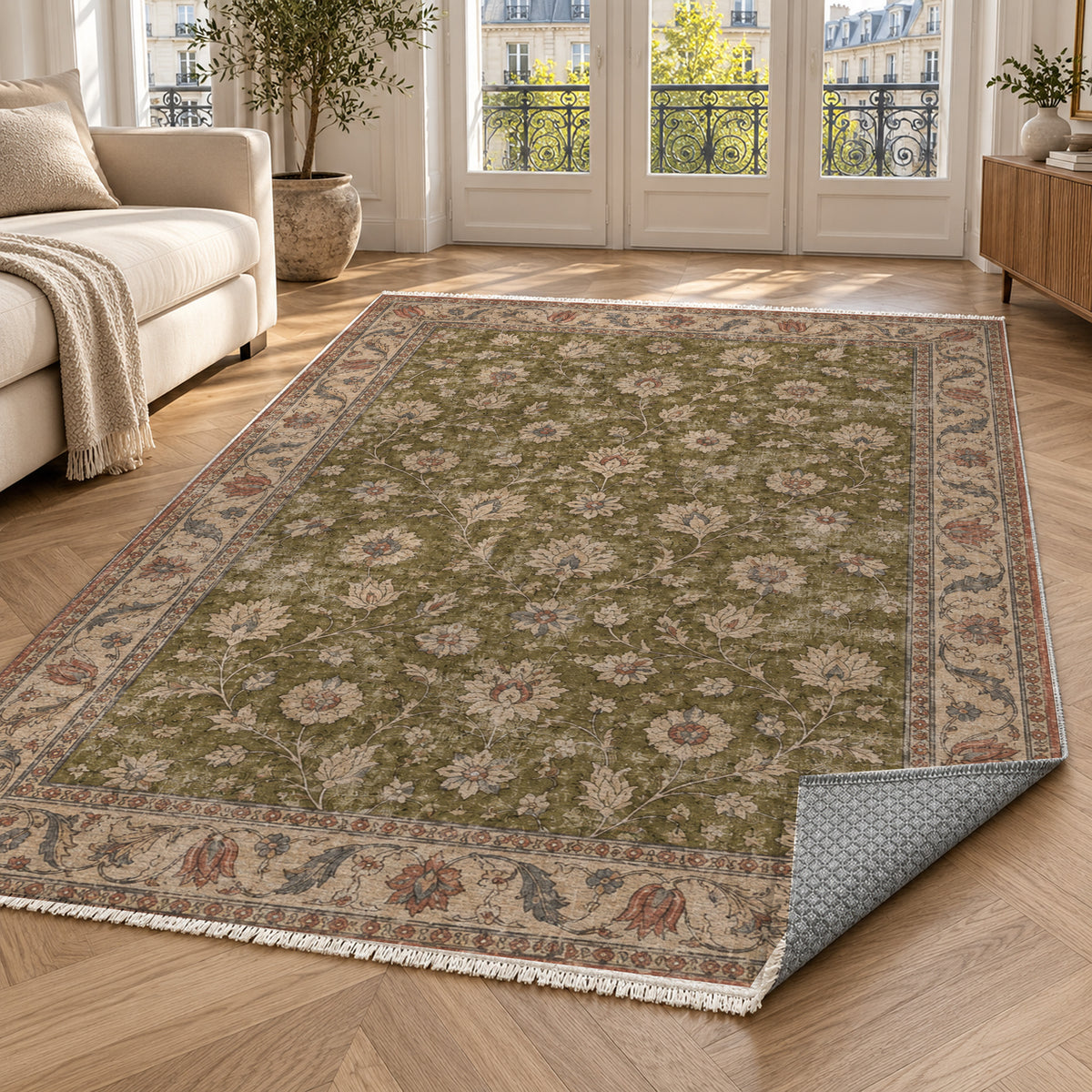 Faded Floral Olive Green Vintage Washable Rug — paris living