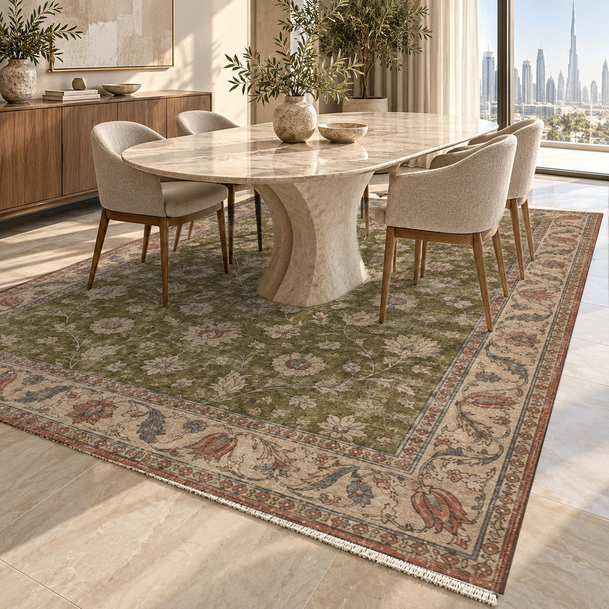 Faded Floral Olive Green Vintage Washable Rug — dubai dining