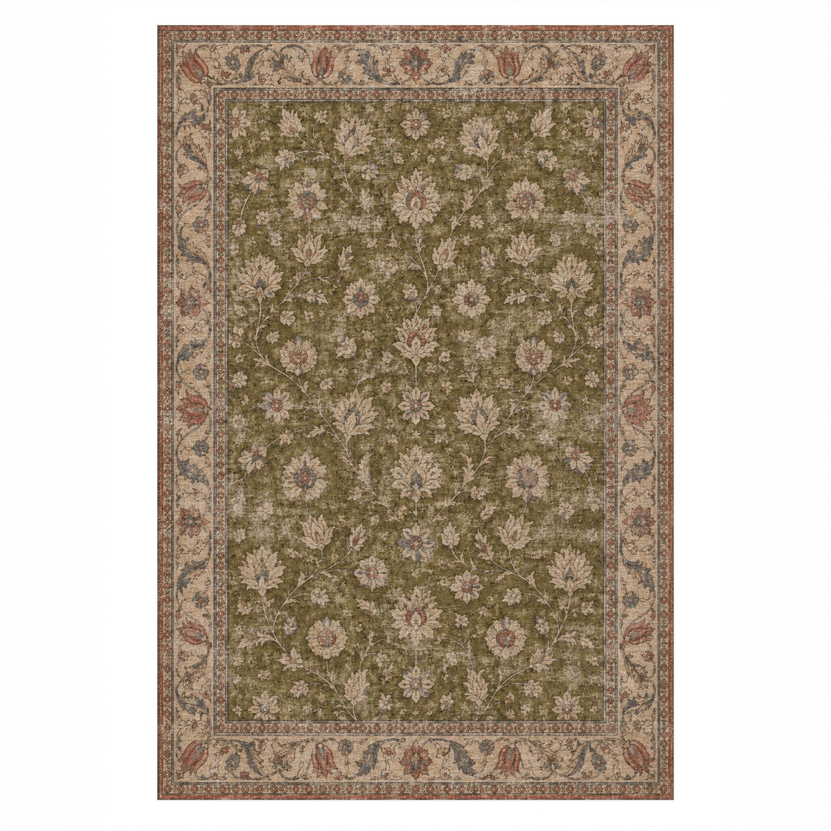 Faded Floral Olive Green Vintage Washable Rug — top view