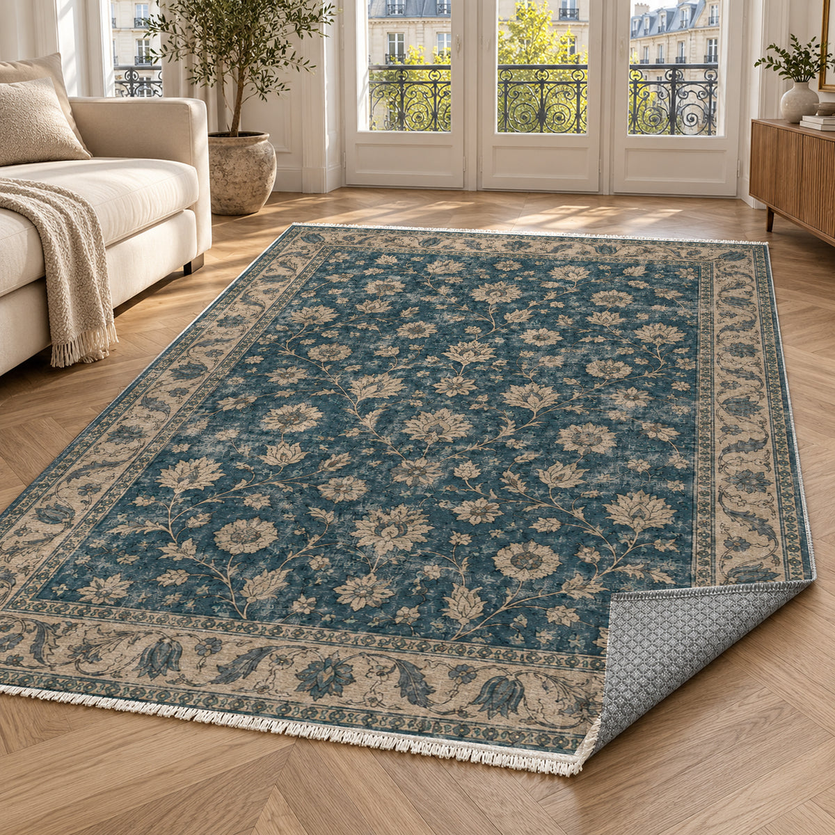 Faded Floral Petrol Blue Vintage Washable Rug — paris living