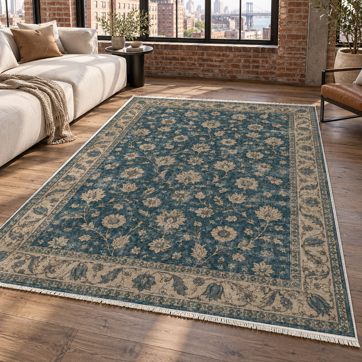 Faded Floral Petrol Blue Vintage Washable Rug — new york living