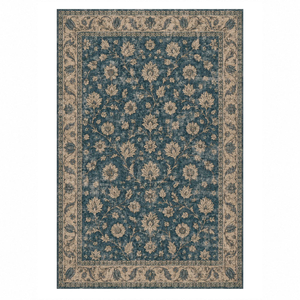Faded Floral Petrol Blue Vintage Washable Rug — top view