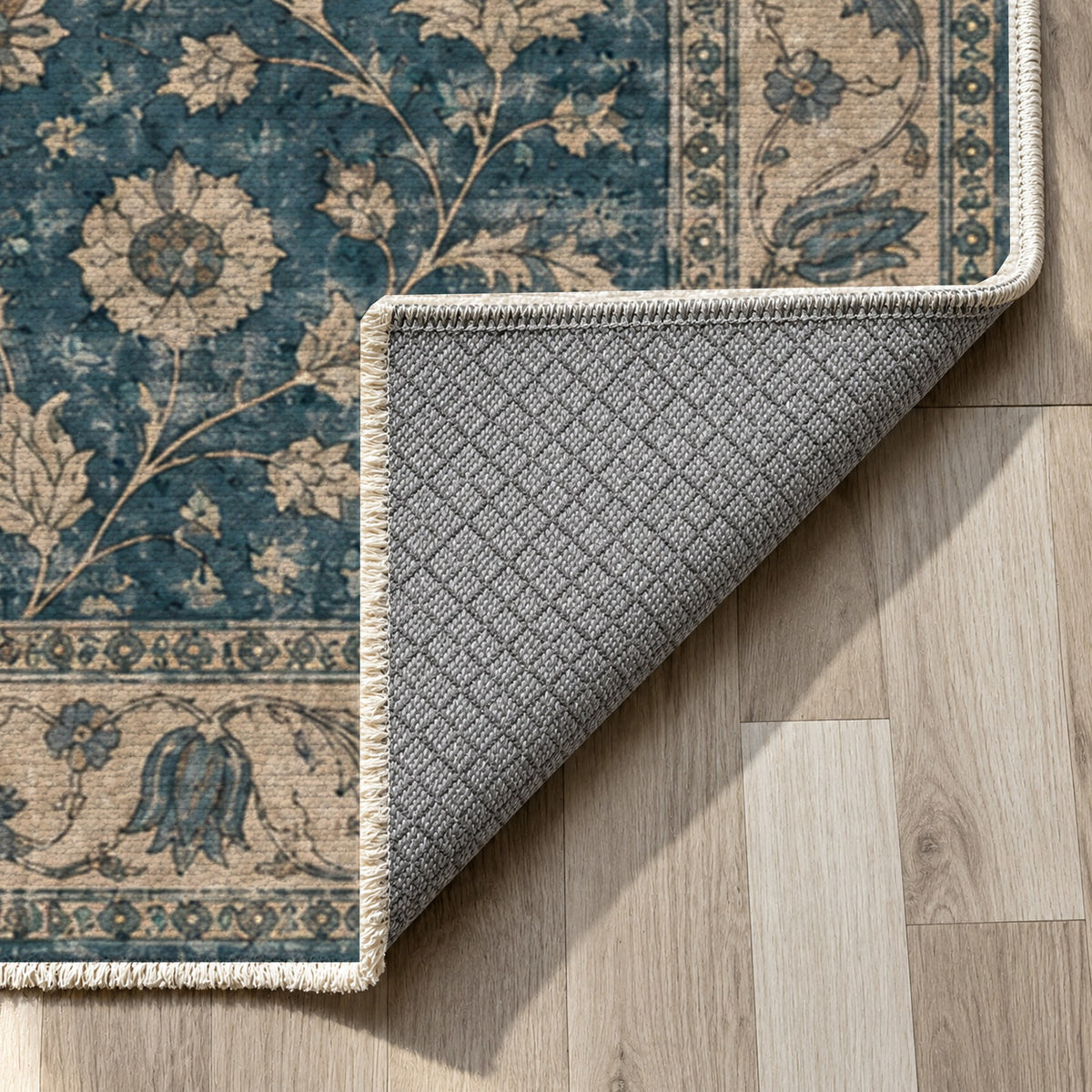 Faded Floral Petrol Blue Vintage Washable Rug — backing close up