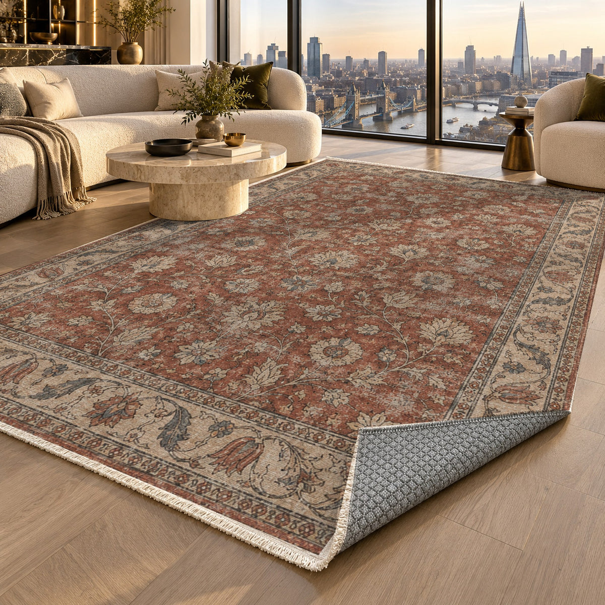 Faded Floral Red Vintage Washable Rug — london luxury living