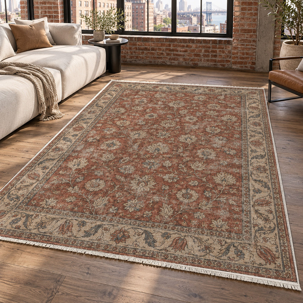 Faded Floral Red Vintage Washable Rug — new york living