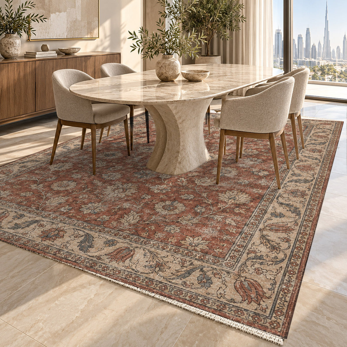 Faded Floral Red Vintage Washable Rug — dubai dining