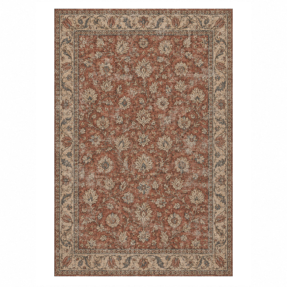 Faded Floral Red Vintage Washable Rug — top view