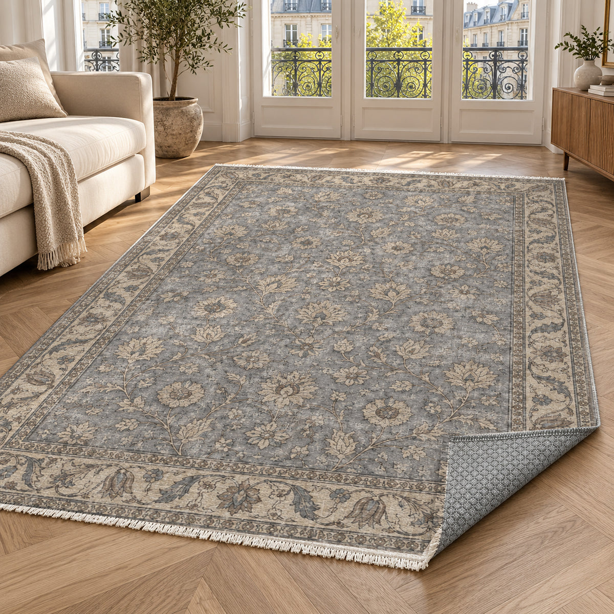Faded Floral Silver Grey Vintage Washable Rug — paris living