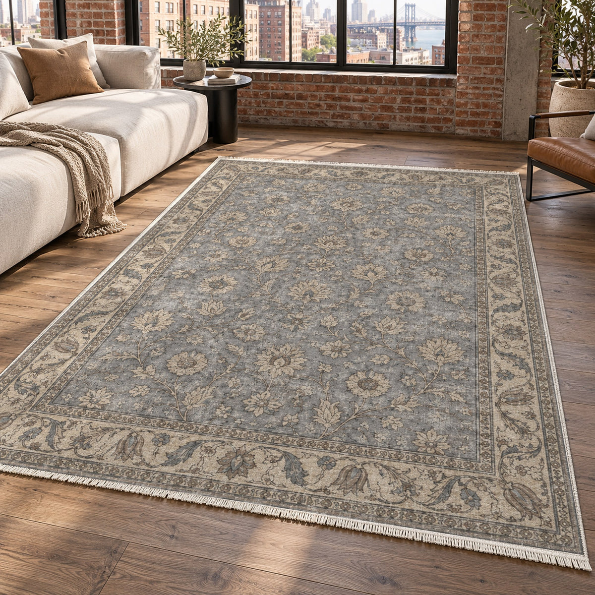 Faded Floral Silver Grey Vintage Washable Rug — new york living