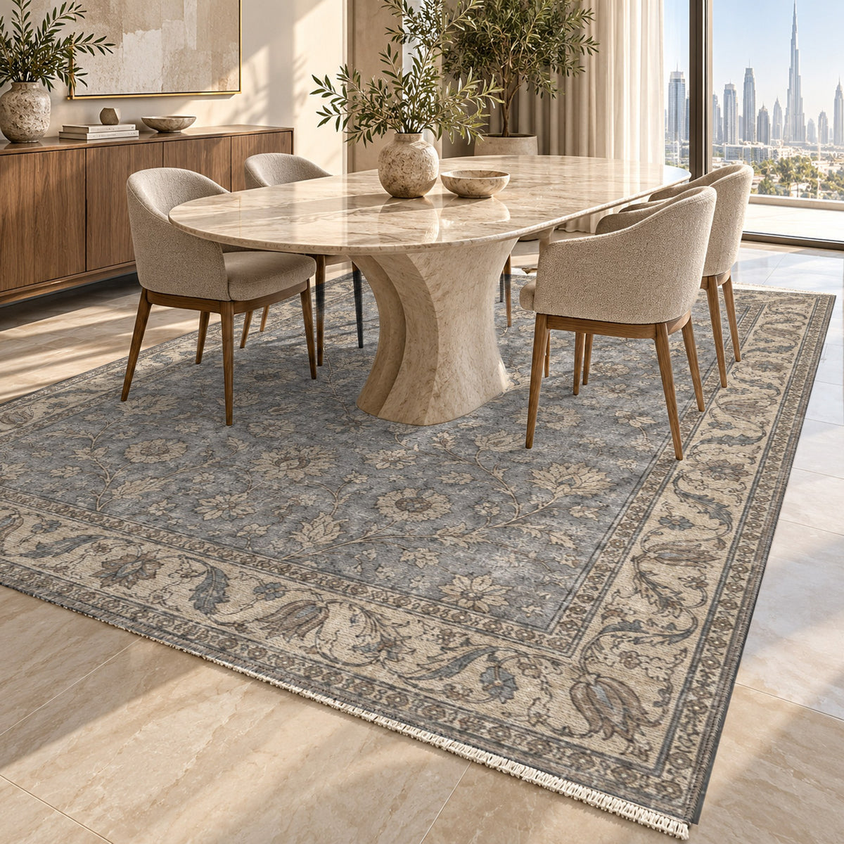 Faded Floral Silver Grey Vintage Washable Rug — dubai dining