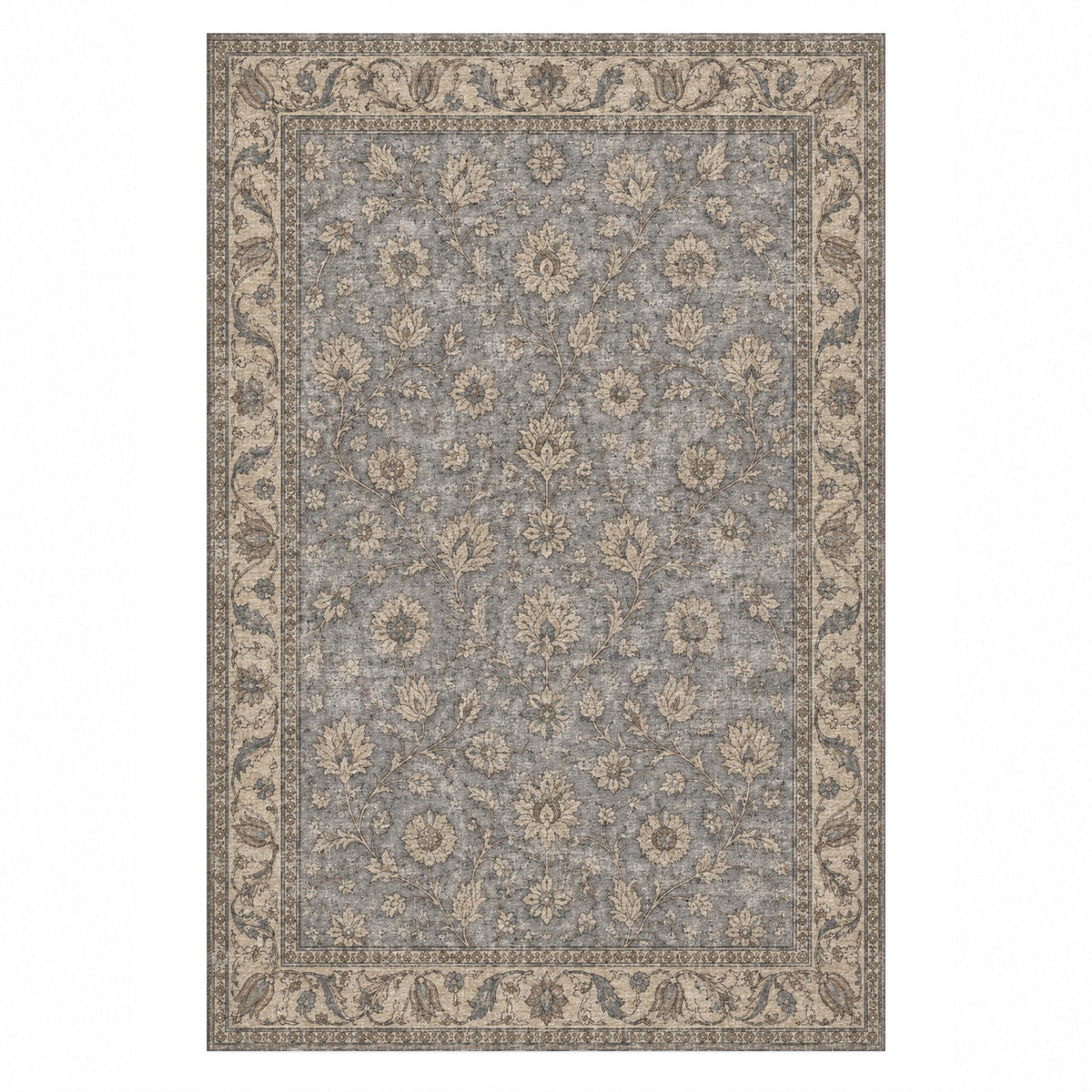 Faded Floral Silver Grey Vintage Washable Rug — top view