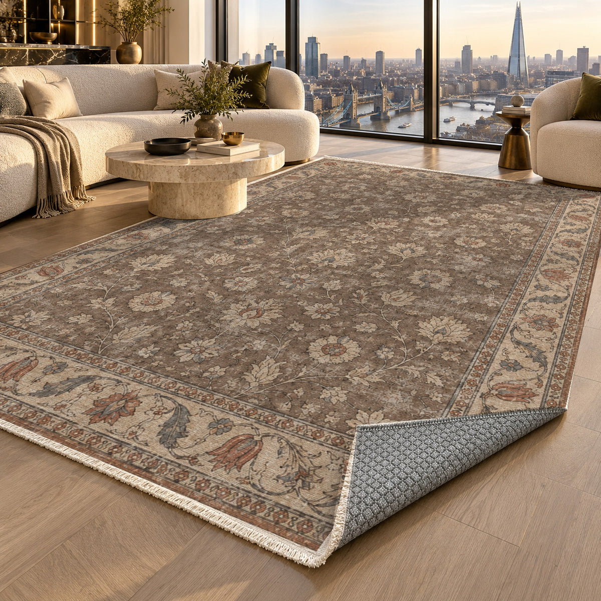 Faded Floral Taupe Vintage Washable Rug — london luxury living