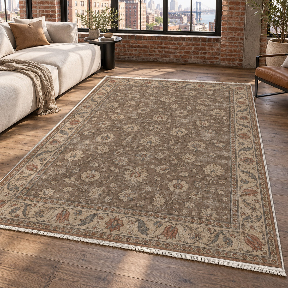Faded Floral Taupe Vintage Washable Rug — new york living