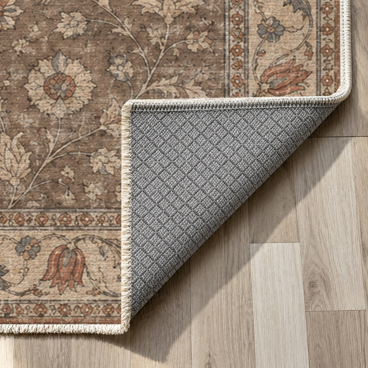Faded Floral Taupe Vintage Washable Rug — backing close up