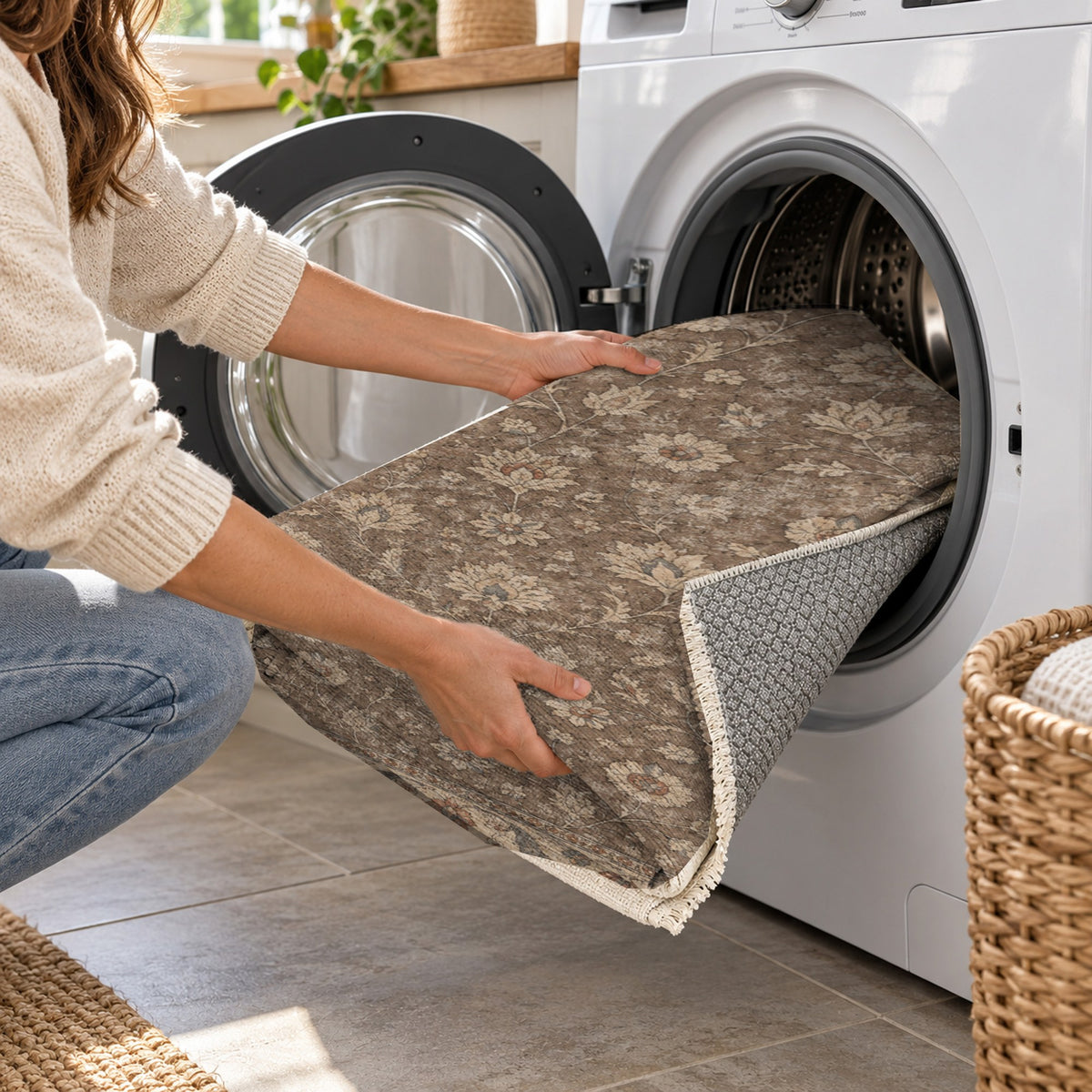 Faded Floral Taupe Vintage Washable Rug — washing machine