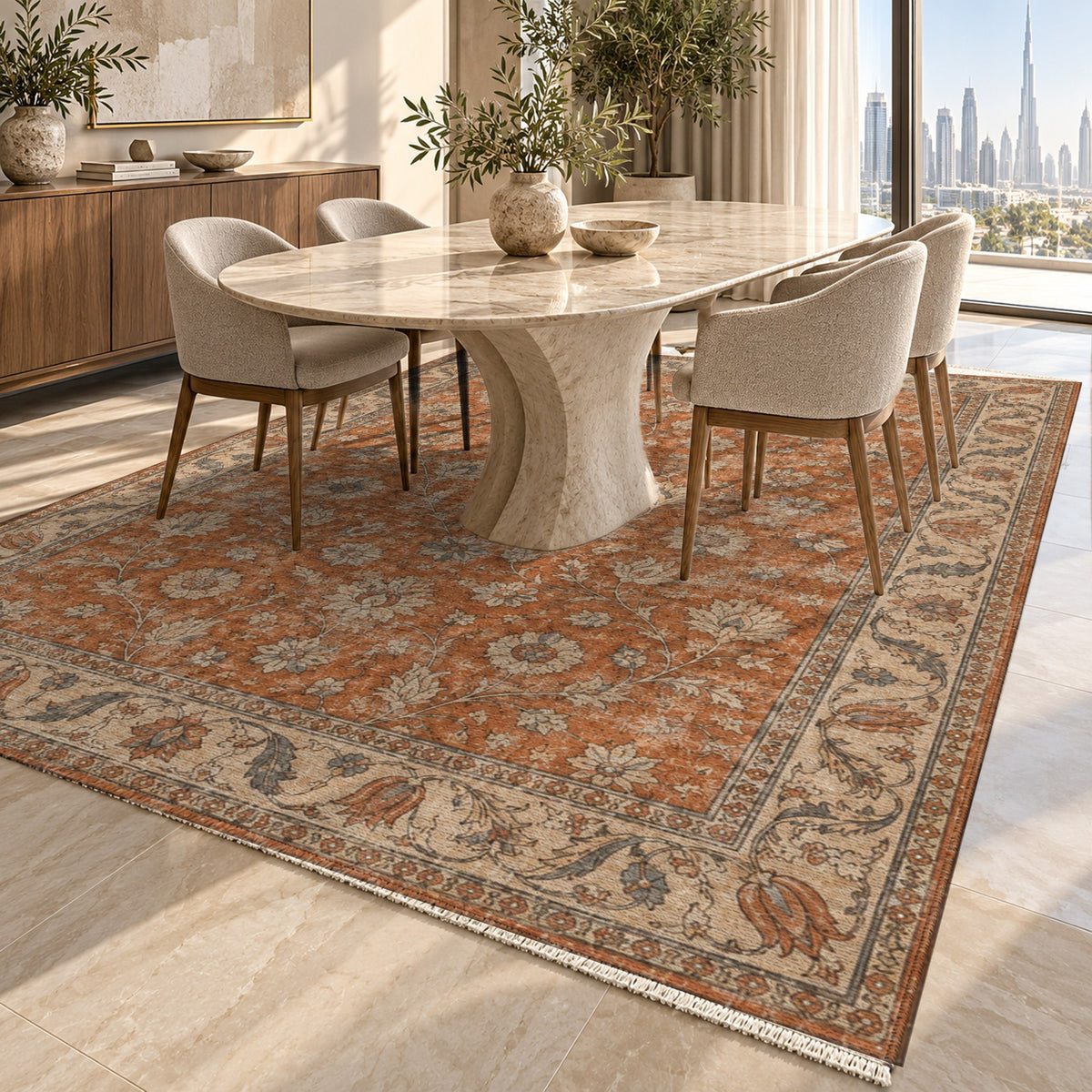 Faded Floral Terracotta Vintage Washable Rug — dubai dining