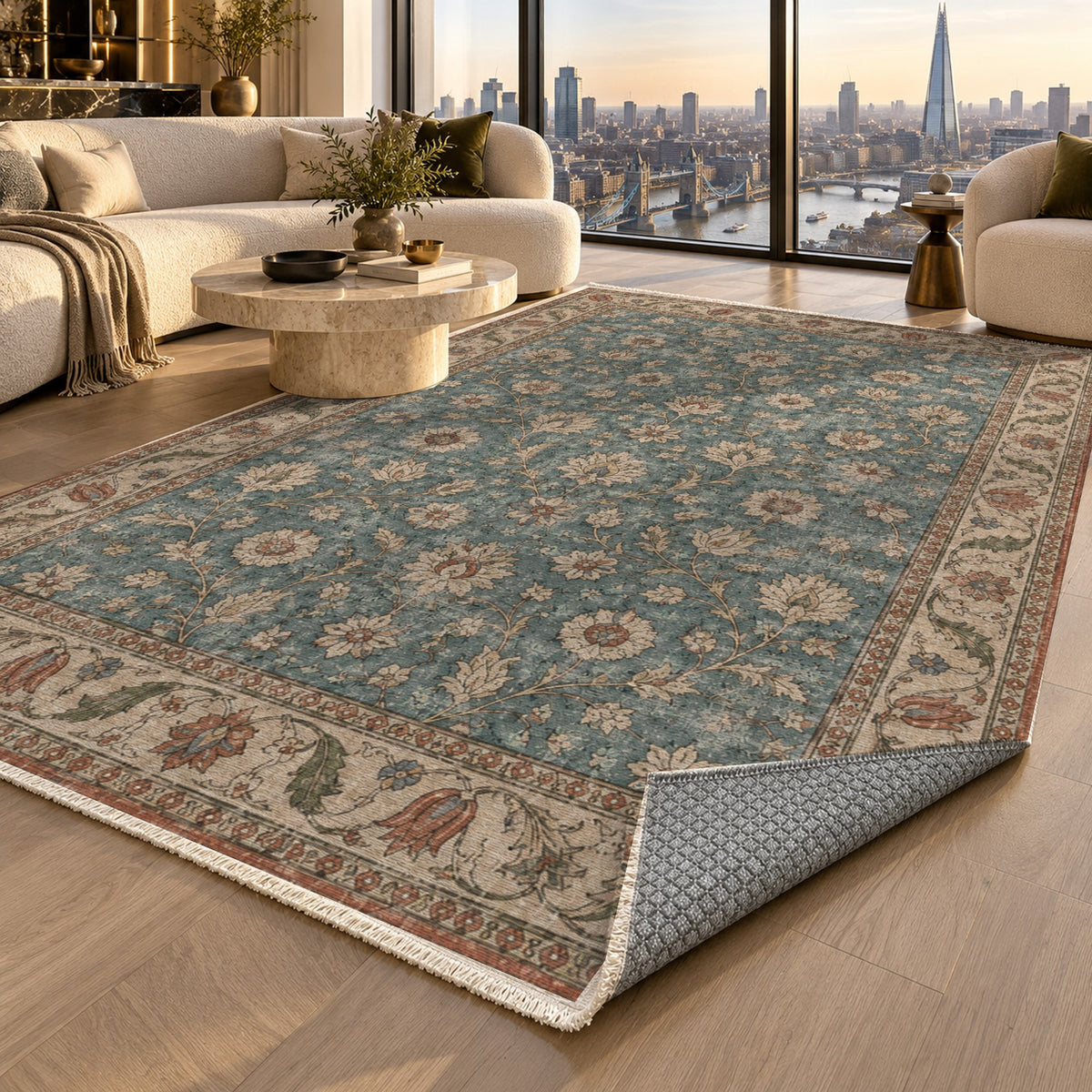 Faded Floral Turquoise Vintage Washable Rug — london luxury living