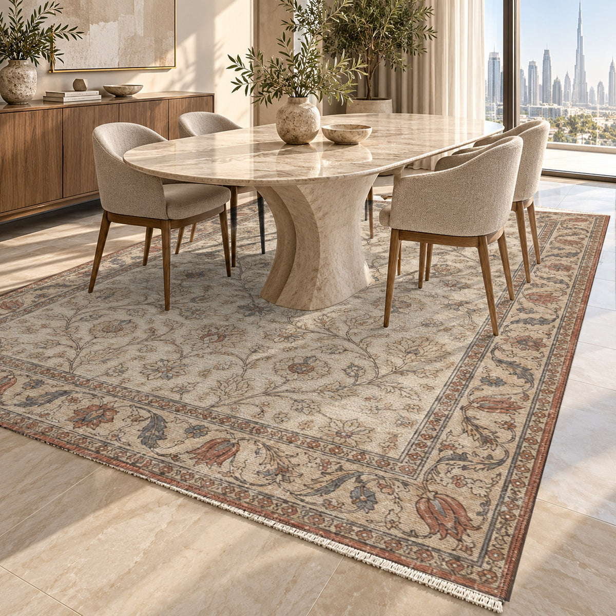 Faded Floral Warm Ivory Vintage Washable Rug — dubai dining
