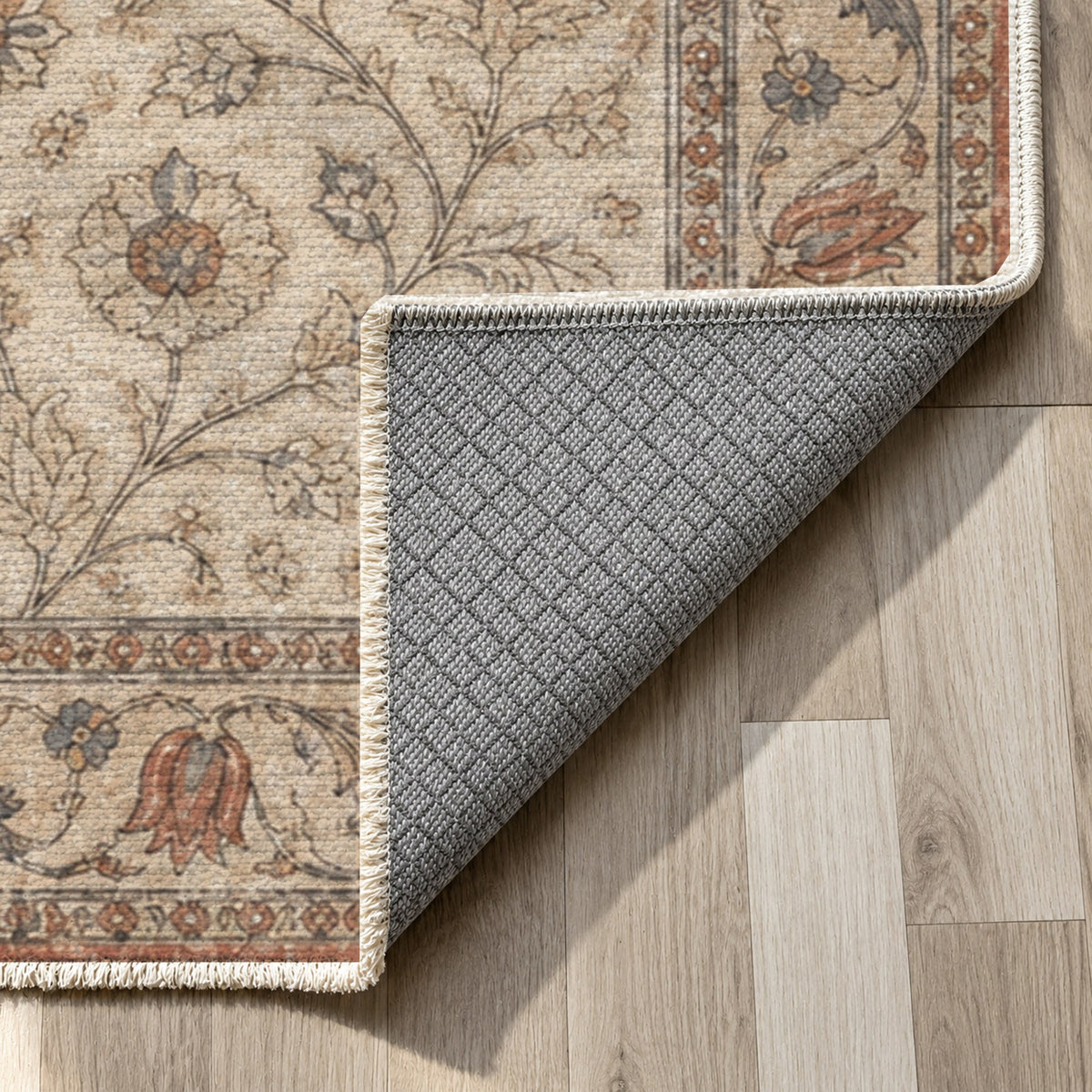 Faded Floral Warm Ivory Vintage Washable Rug — backing close up