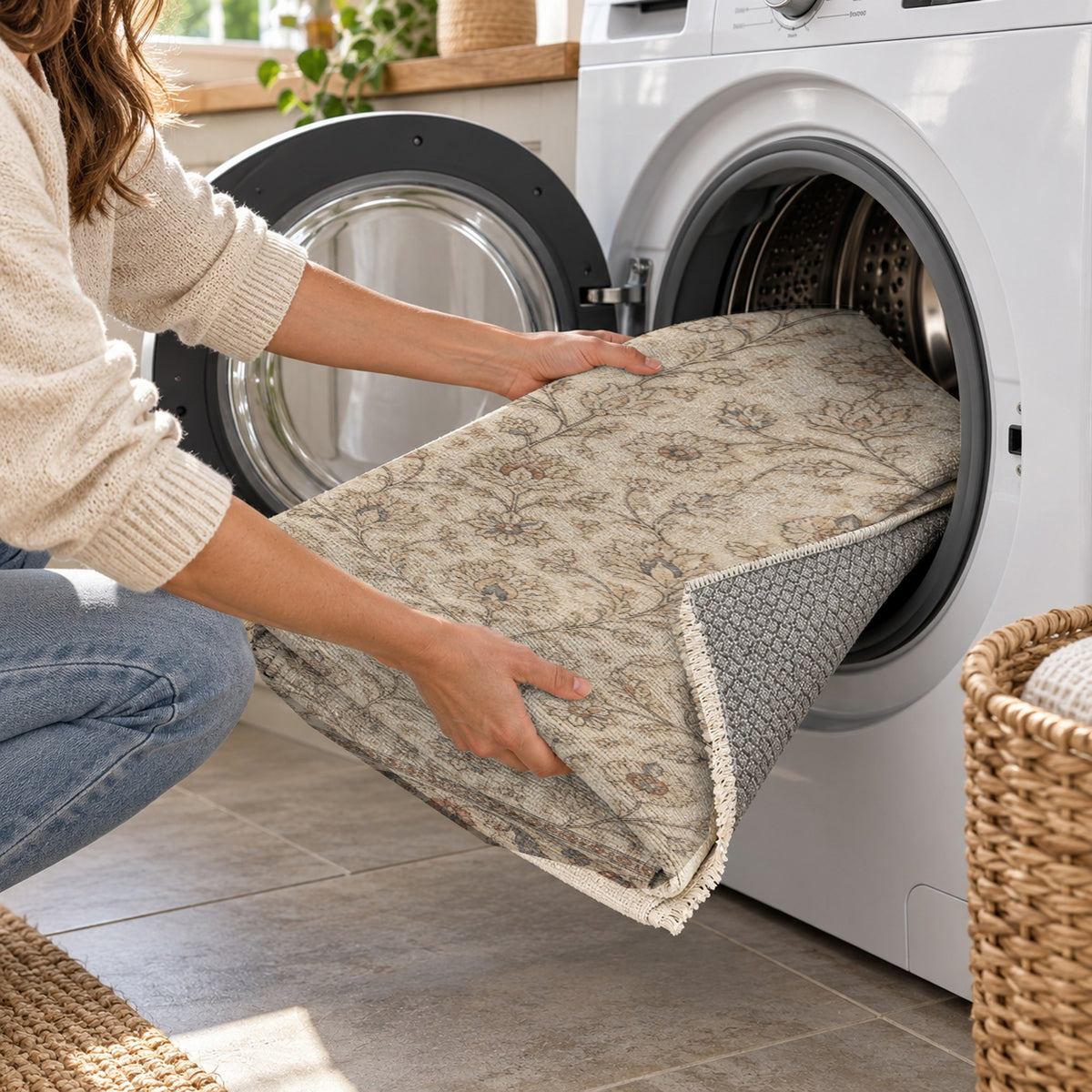 Faded Floral Warm Ivory Vintage Washable Rug — washing machine