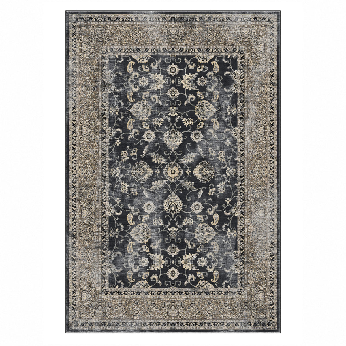 Faded Heriz Black Vintage Washable Rug — top view