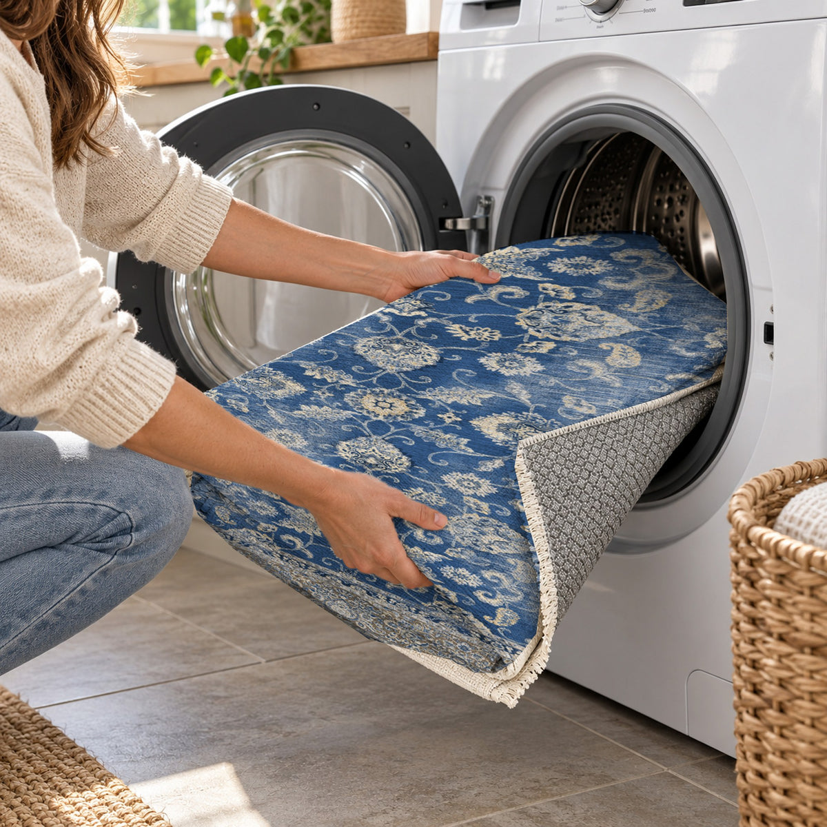 Faded Heriz Blue Vintage Washable Rug — washing machine