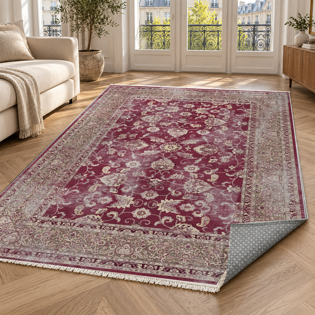 Faded Heriz Burgundy Red Vintage Washable Rug — paris living