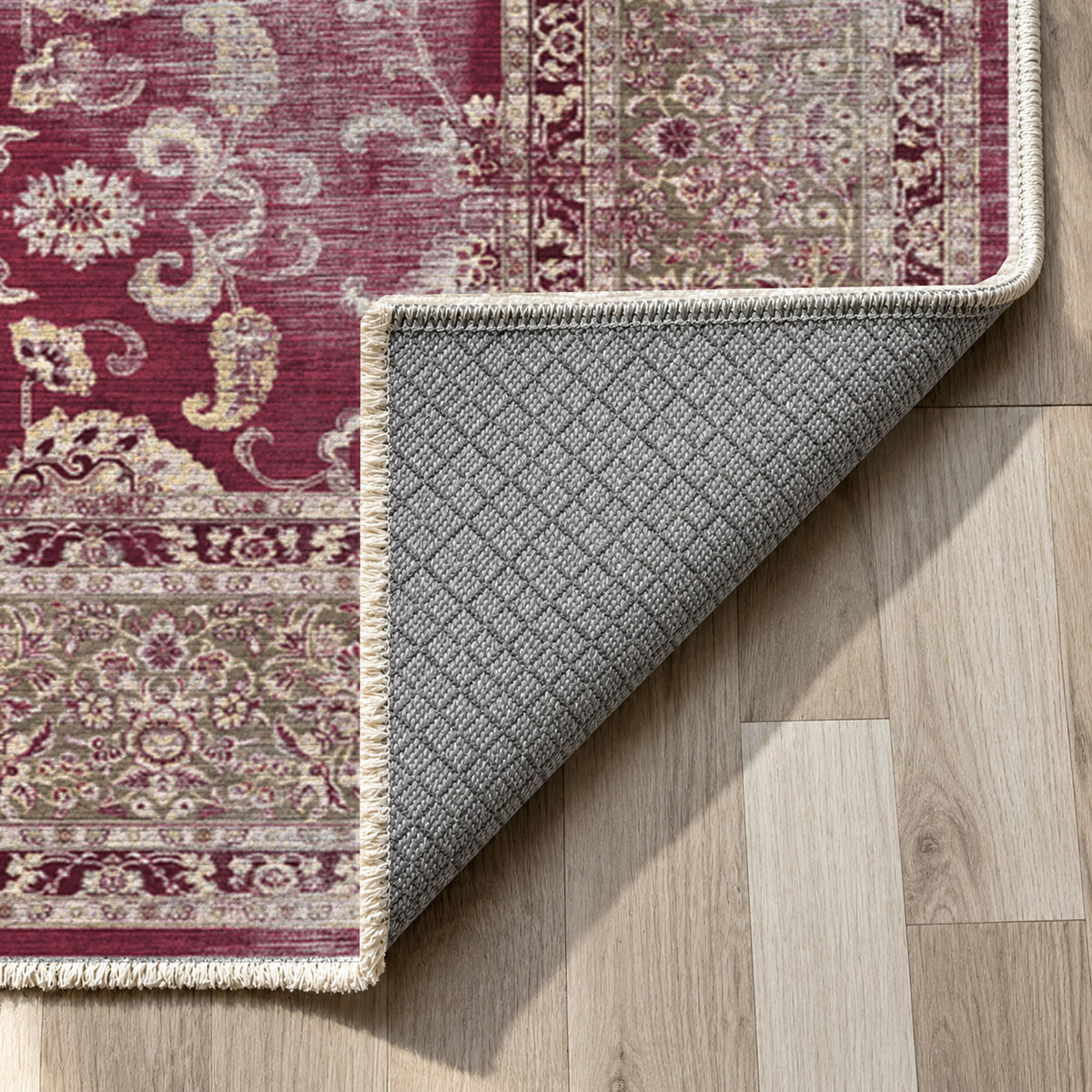 Faded Heriz Burgundy Red Vintage Washable Rug — backing close up