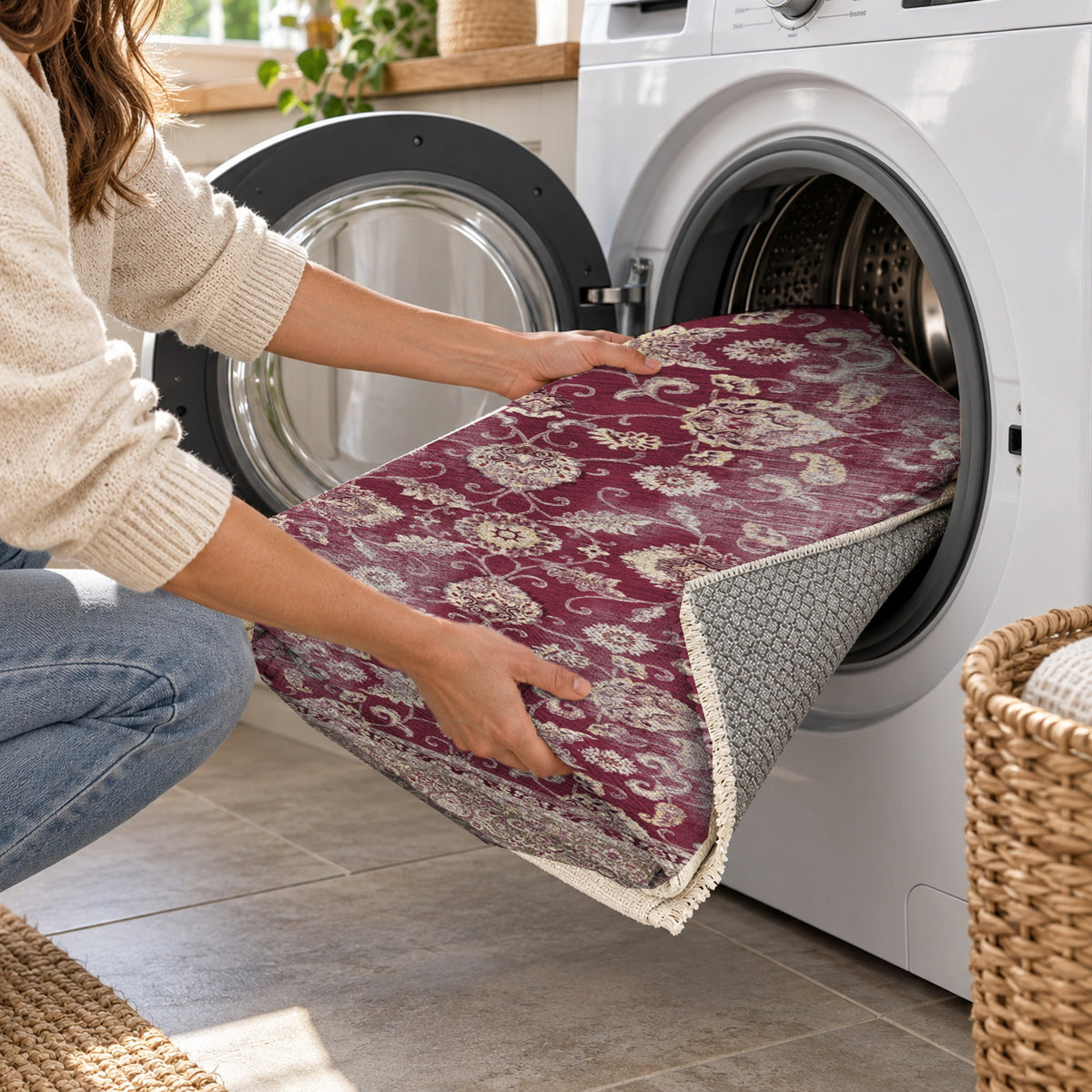 Faded Heriz Burgundy Red Vintage Washable Rug — washing machine