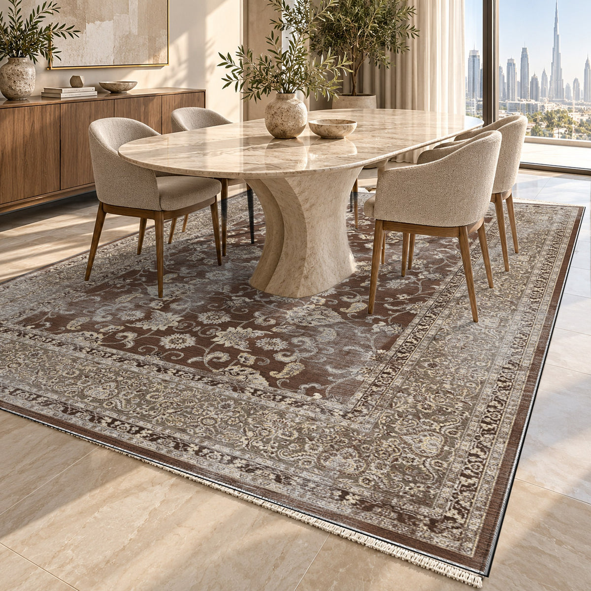 Faded Heriz Chocolate Vintage Washable Rug — dubai dining