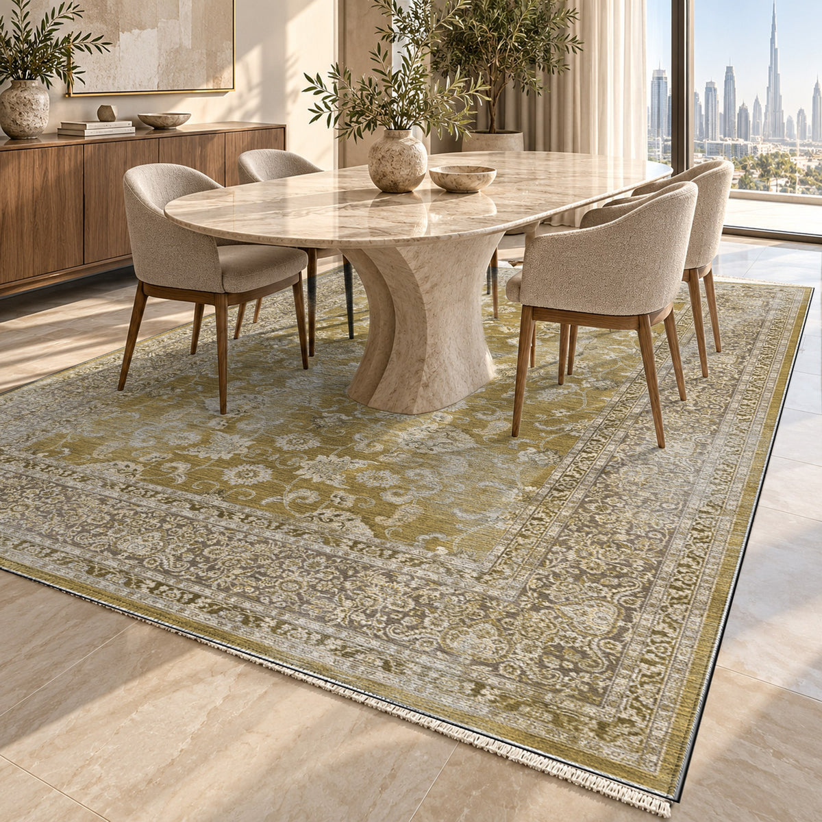 Faded Heriz Muted Gold Vintage Washable Rug — dubai dining