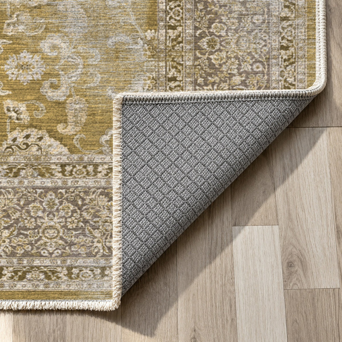 Faded Heriz Muted Gold Vintage Washable Rug — backing close up