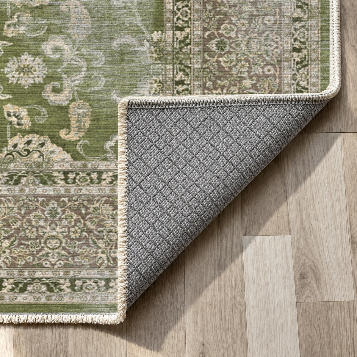 Faded Heriz Olive Vintage Washable Rug — backing close up