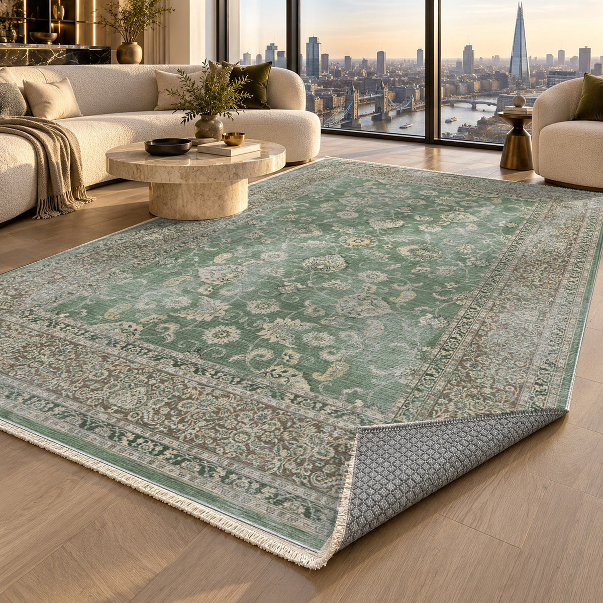 Faded Heriz Sage Vintage Washable Rug — london luxury living