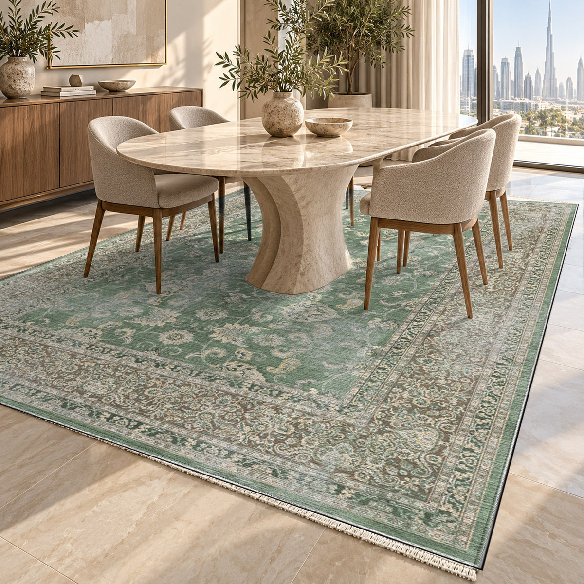 Faded Heriz Sage Vintage Washable Rug — dubai dining