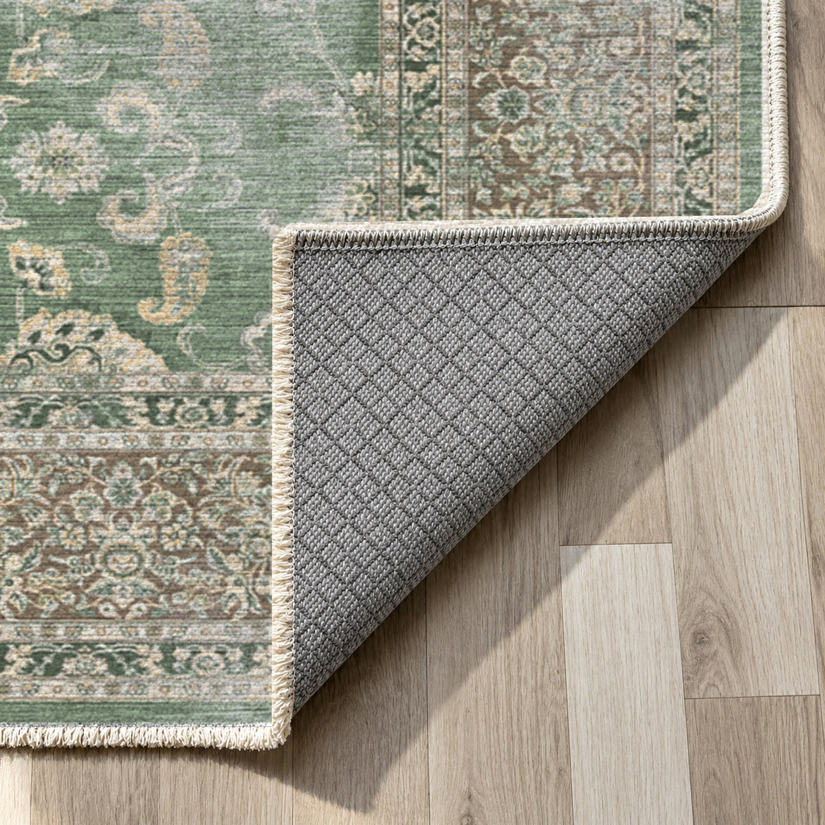 Faded Heriz Sage Vintage Washable Rug — backing close up